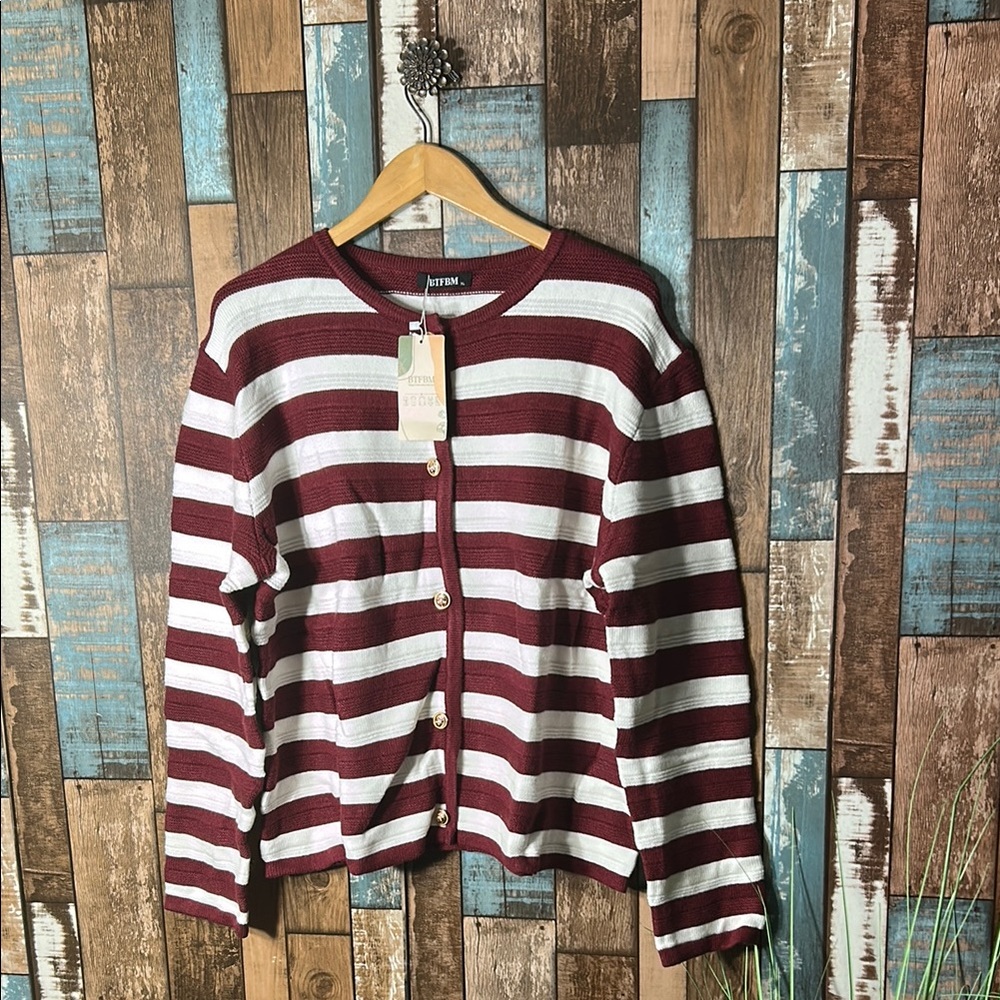 Striped Button-Front Cardigan Sweater - Burgundy & OffWhite